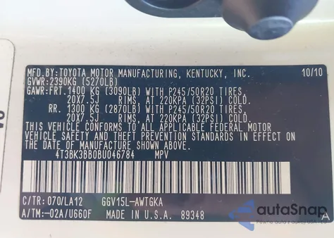 2011 Toyota Venza Base V6 из США, поврежденный, VIN 4T3BK3BB0BU046784